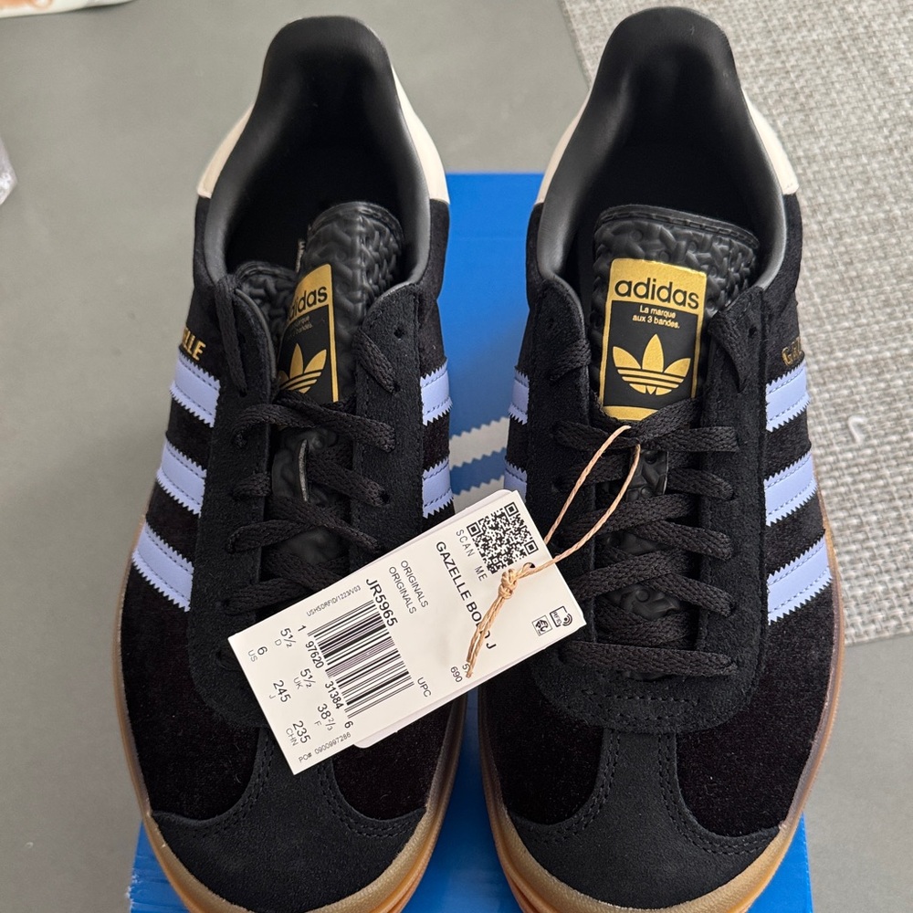 adidas Gazelle Black with Light Blue Stripes and Gum Sole